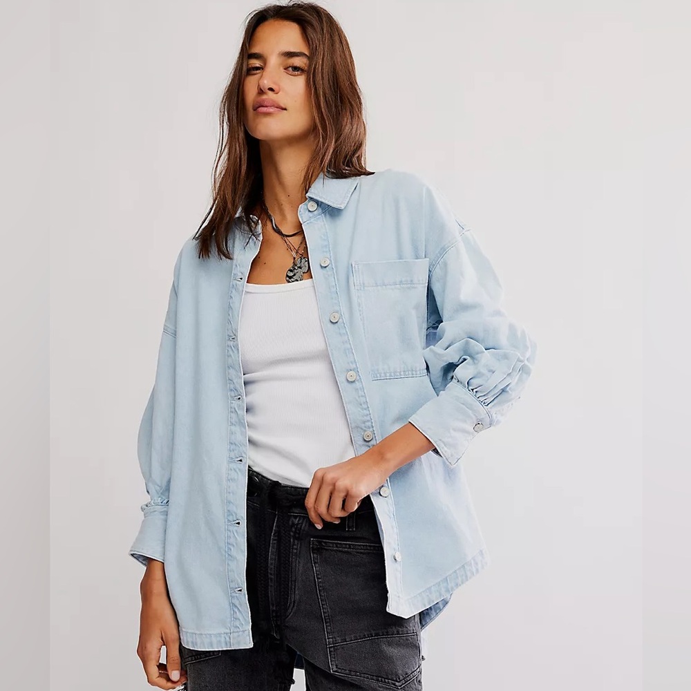 Free People Light Wash Blue Oversized Button-Down Shirt - Picture 2 of 15
